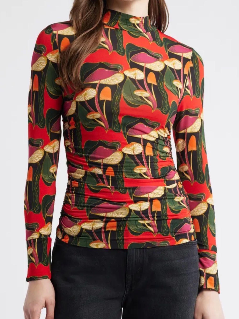 Farm Rio Long-Sleeve Mock Neck Mushroom Print Top in Red